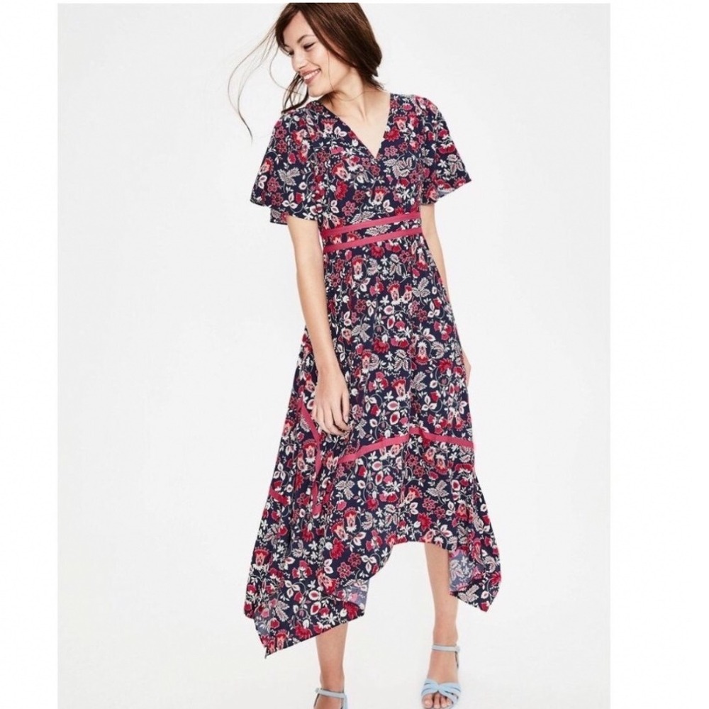 Boden Holly Hanky Navy Pink Floral Midi Dress Asymmetric Hem 8 Cottage Boho